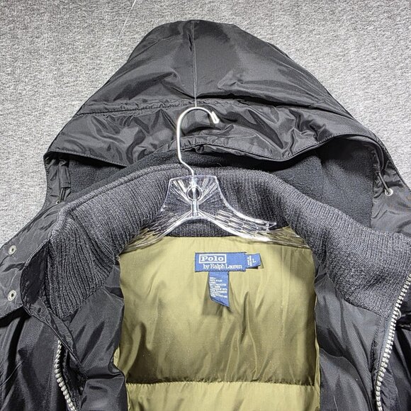 Polo Ralph Lauren Jacket Mens Large Black Down Hooded Parka Nylon Winter Coat - Picture 8 of 11